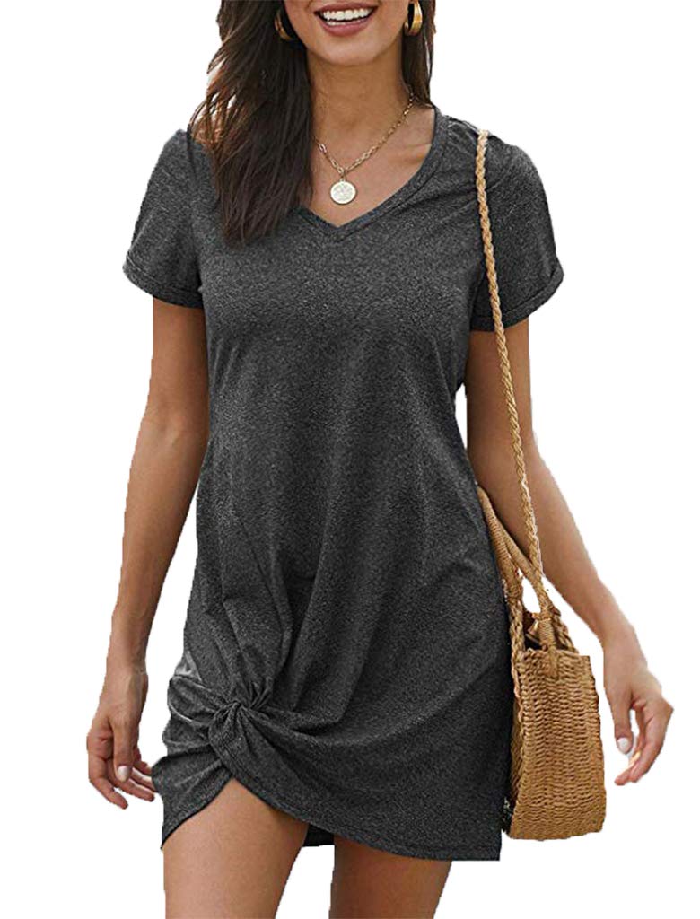 Locryz Short Sleeve Tshirt Dress for Women Sexy Side Knot Mini Dresses S Dark Grey - Image 5